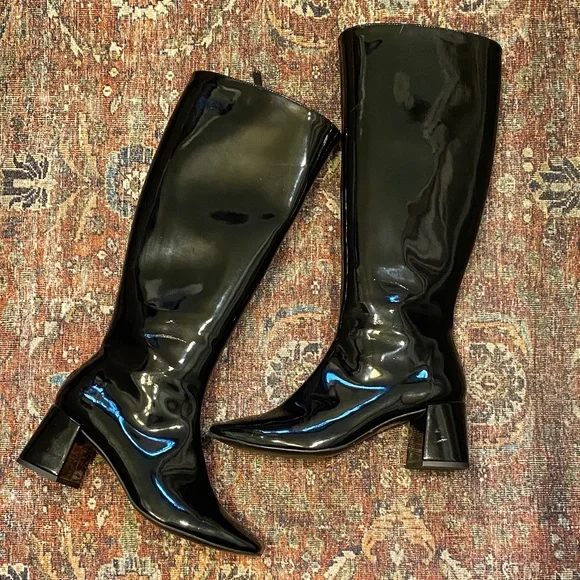 SVEGAN Black Patent Faux Leather Knee-High Boots. Block Heel. Size 38. Size Zip. - Picture 1 of 12